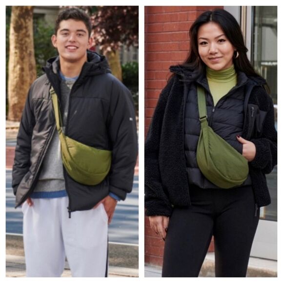 Sage Green Half Moon Nylon Crossbody Bag - Picture 1 of 10